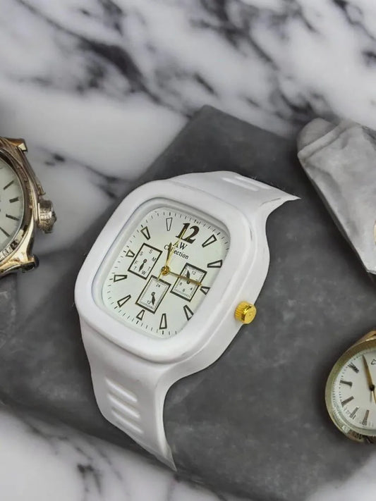 White Square Analog Watch with Gold Accents for Men