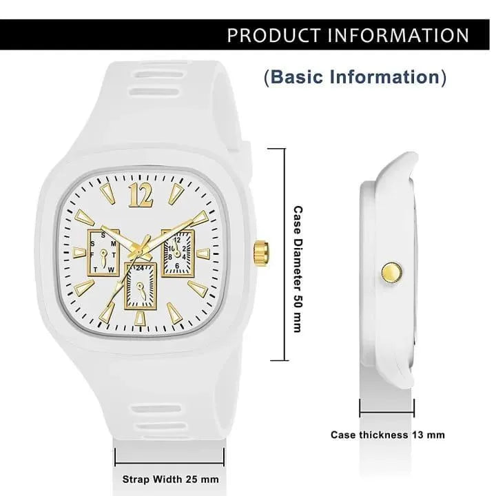 White Square Analog Watch with Gold Accents for Men