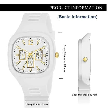 White Square Analog Watch with Gold Accents for Men